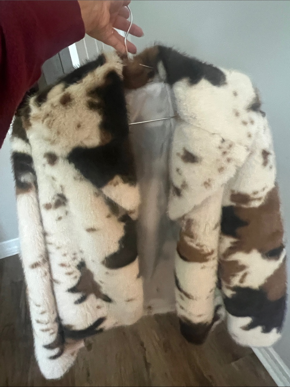 SHEIN Faux Fur Cow-Print Teddy Jacket - White, Brown, Black